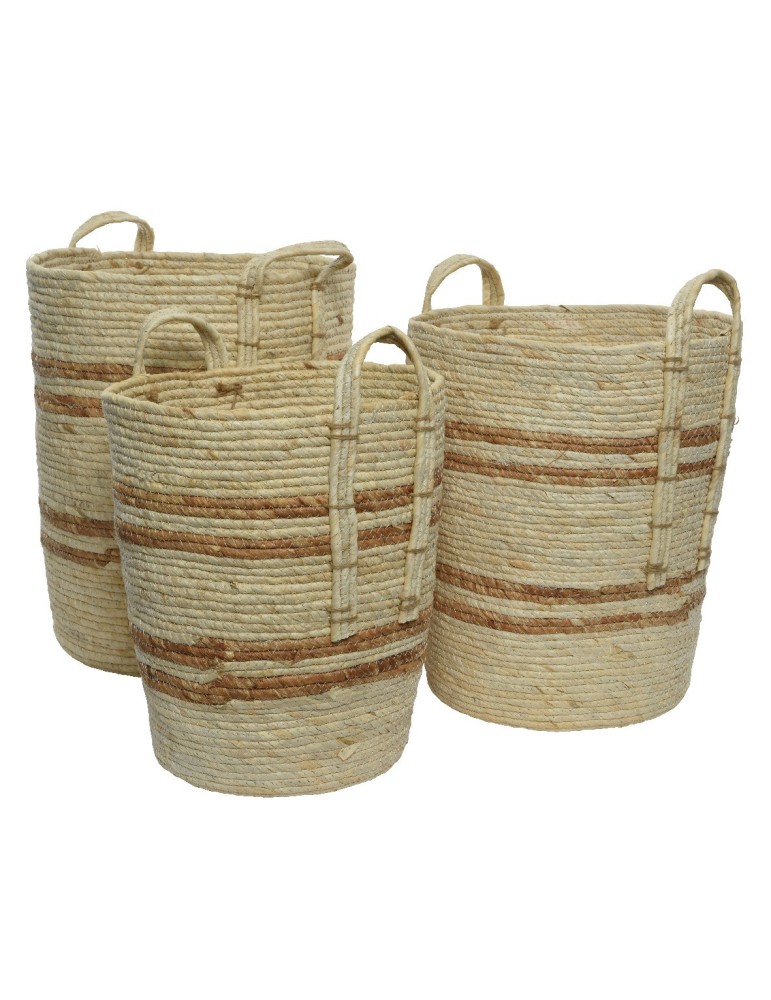 SET CESTINI IN FIBRA DI MAIS CON STRISCIA DECORATIVA