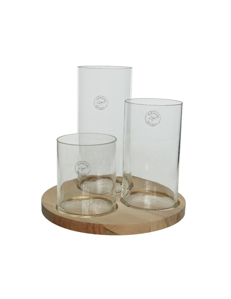 SET 3 VASI TRASPARENTI CON BASE LEGNO