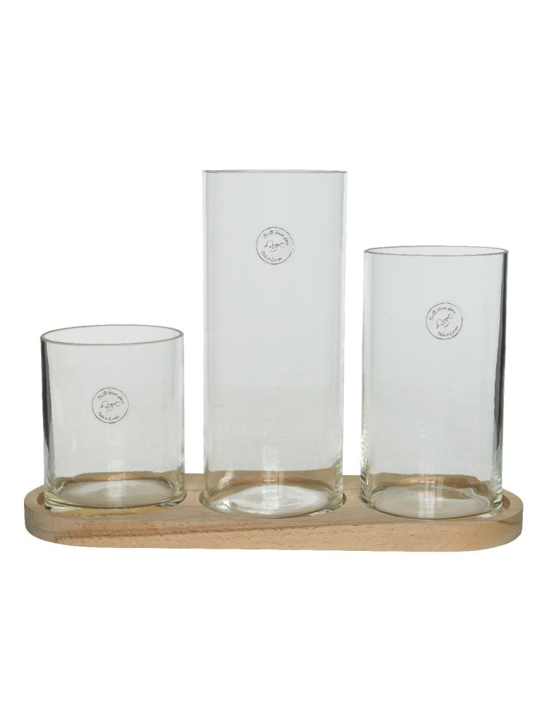 SET 3 VASI TRASPARENTI SU BASE LEGNO