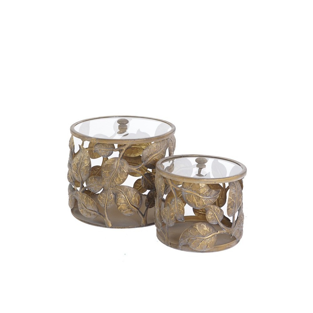 S/2 SCATOLE FOGLIE ORO METALLO/VETRO