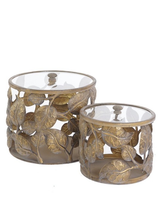 S/2 SCATOLE FOGLIE ORO METALLO/VETRO