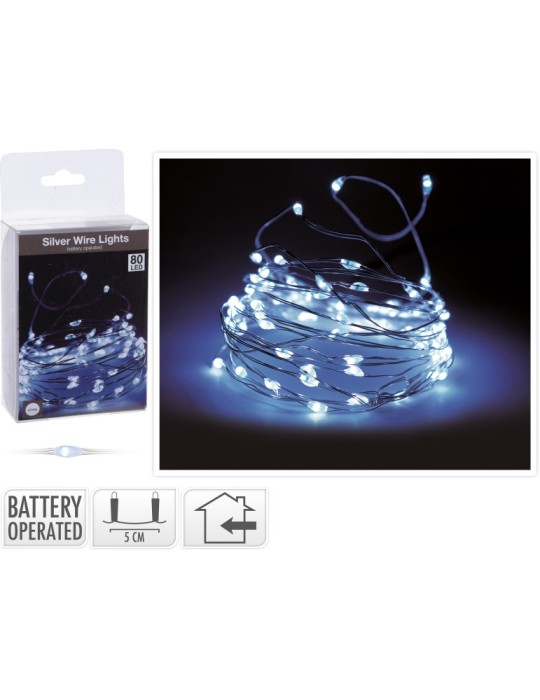 80 LED BIANCO BATTERIA CAVO ARGENTO