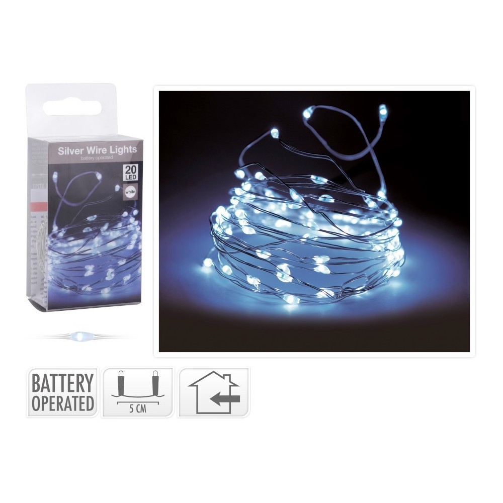 20 LED BIANCO BATTERIA CAVO ARGENTO