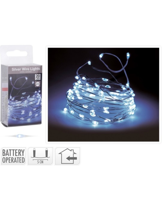 20 LED BIANCO BATTERIA CAVO ARGENTO