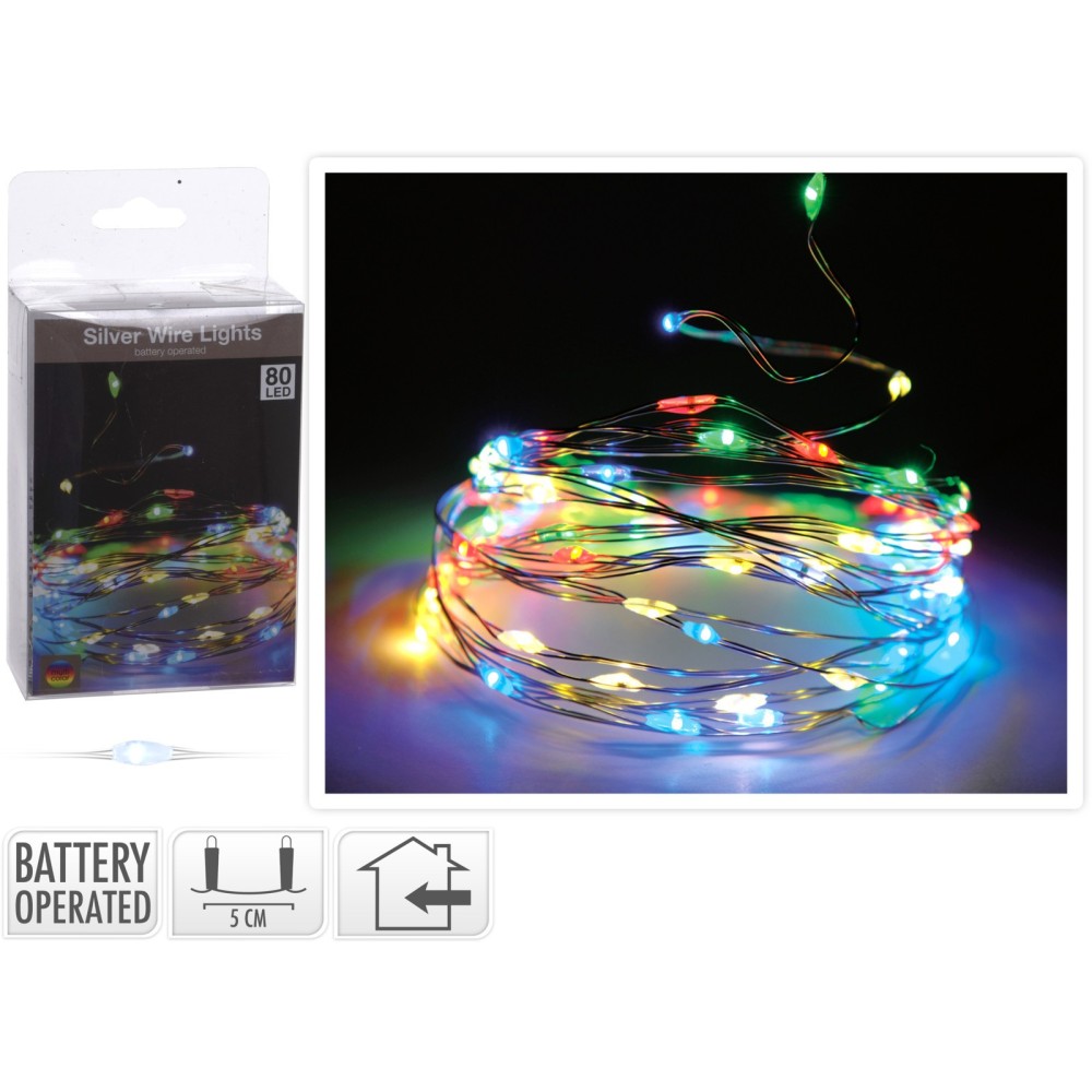 80LED MULTICOLOR BATTERIA CAVO ARGENTATO
