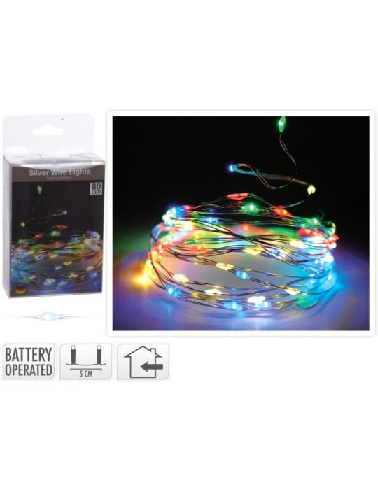 80LED MULTICOLOR BATTERIA CAVO ARGENTATO