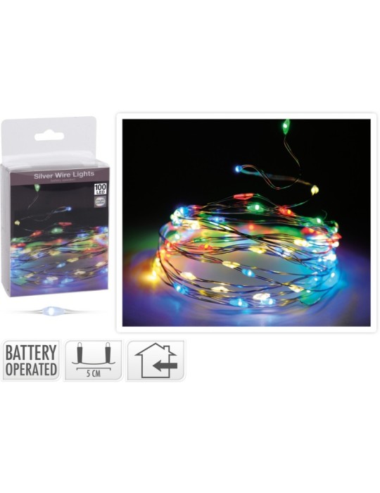 100LED MULTICOLORE BATTERIA CAVO ARGENTO
