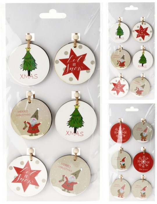 SET 6 PENDENTI NATALE LEGNO 5CM 2 ASSORTITI