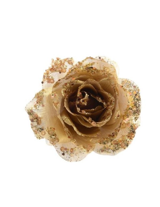 ROSA CON CLIP GLITTER  GOLD D14CM